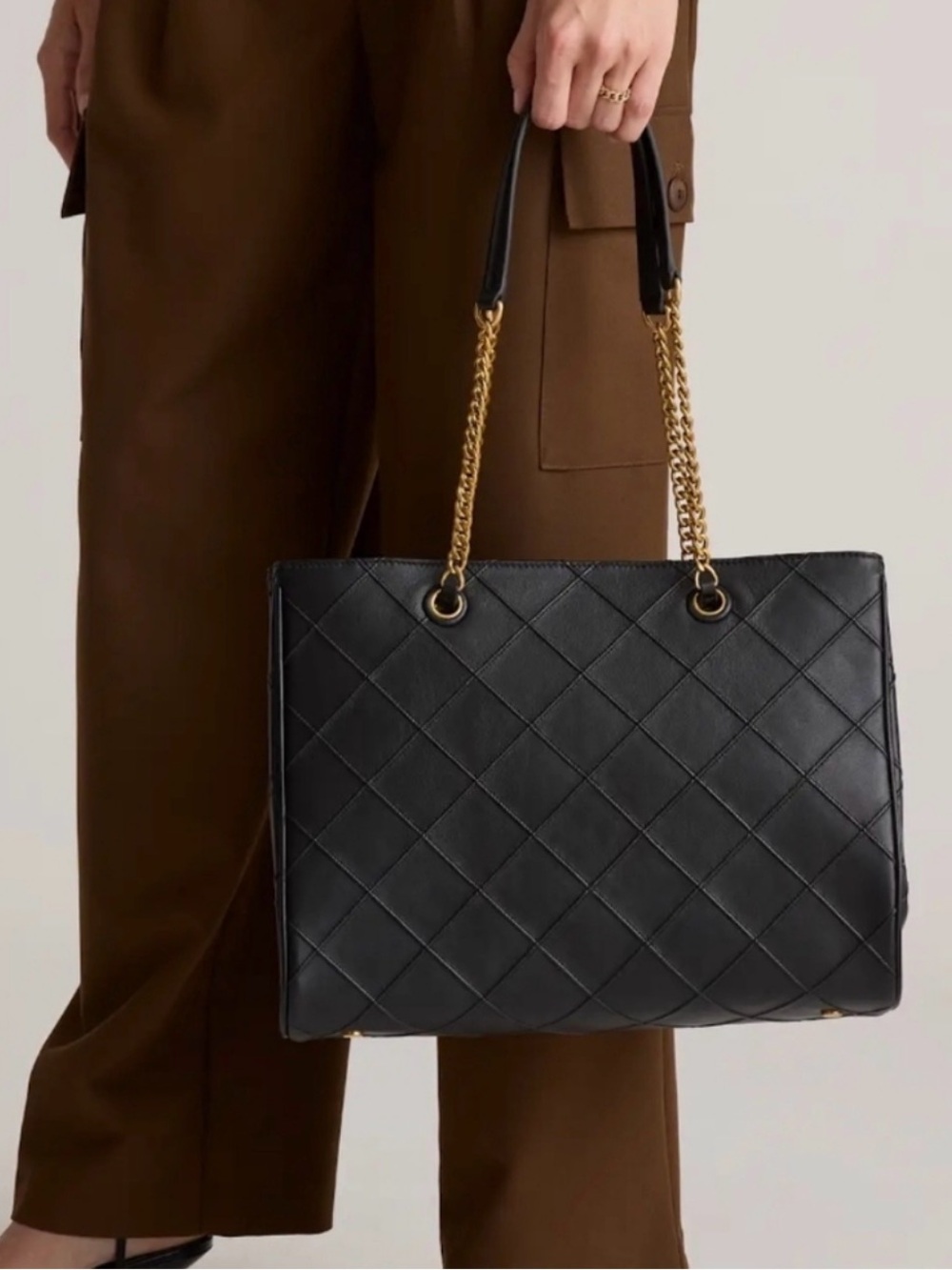 Quince Italian Black Leather Diamond Stitch Tote Bag